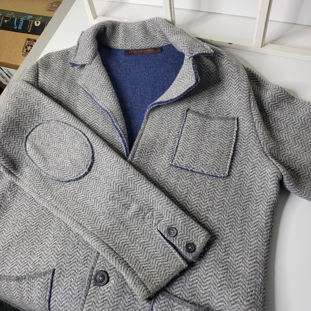 Felted Wool Herringbone Men Sweater Blazer Patch Elbows Raw Edges Neutral Italy